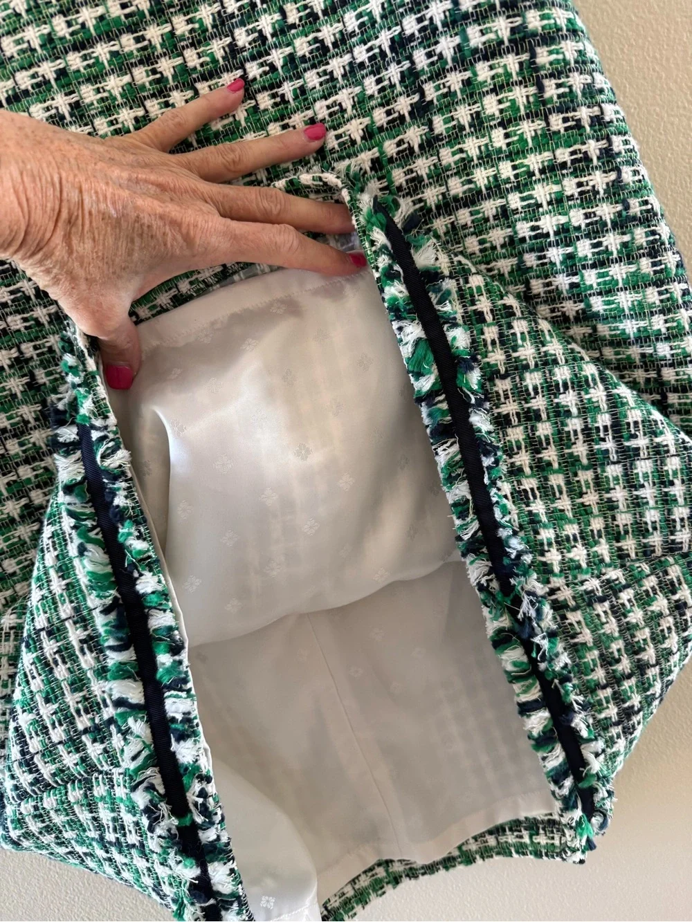 Kate Spade NY Tea Time Green and White Tweed Midi Dress with Navy Trim NEW